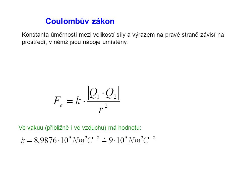 Coulombův zákon Konstanta úměrnosti mezi velikostí síly a výrazem na pravé straně závisí na prostředí, v němž jsou náboje umístěny.