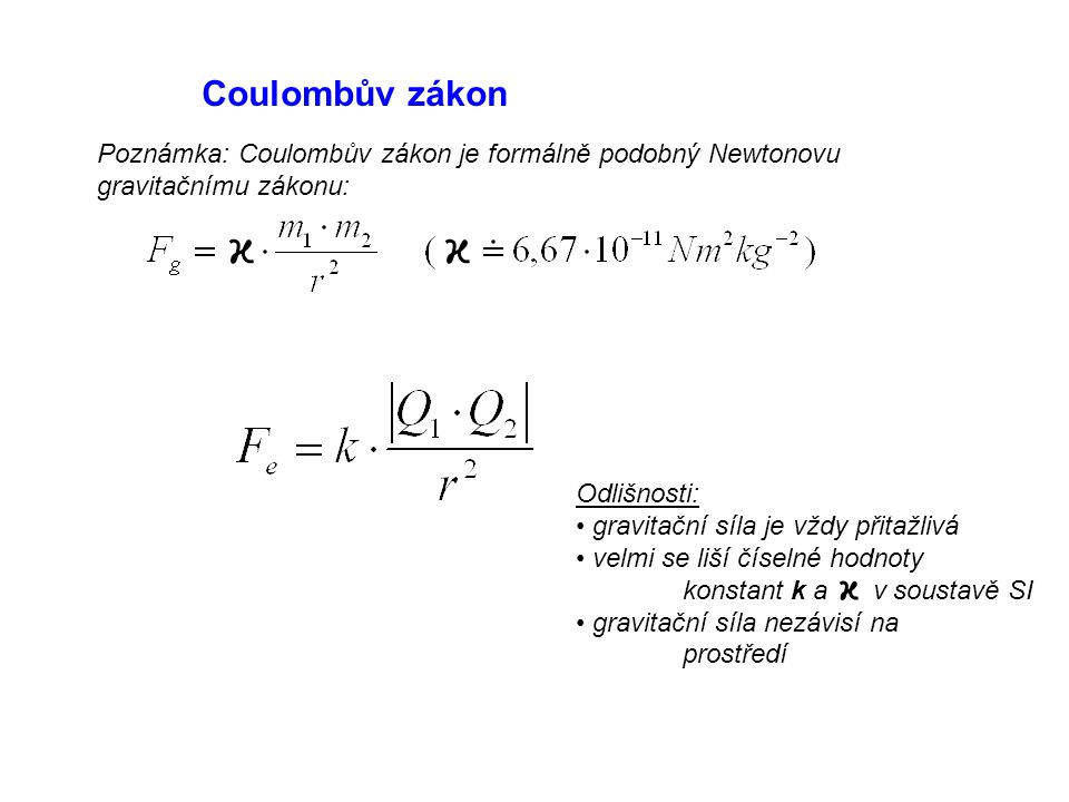 Coulombův zákon Poznámka: Coulombův zákon je formálně podobný Newtonovu gravitačnímu zákonu: Odlišnosti: