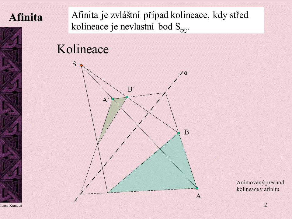Afinita Afinita je zvláštní případ kolineace, kdy střed kolineace je nevlastní bod S . Kolineace.