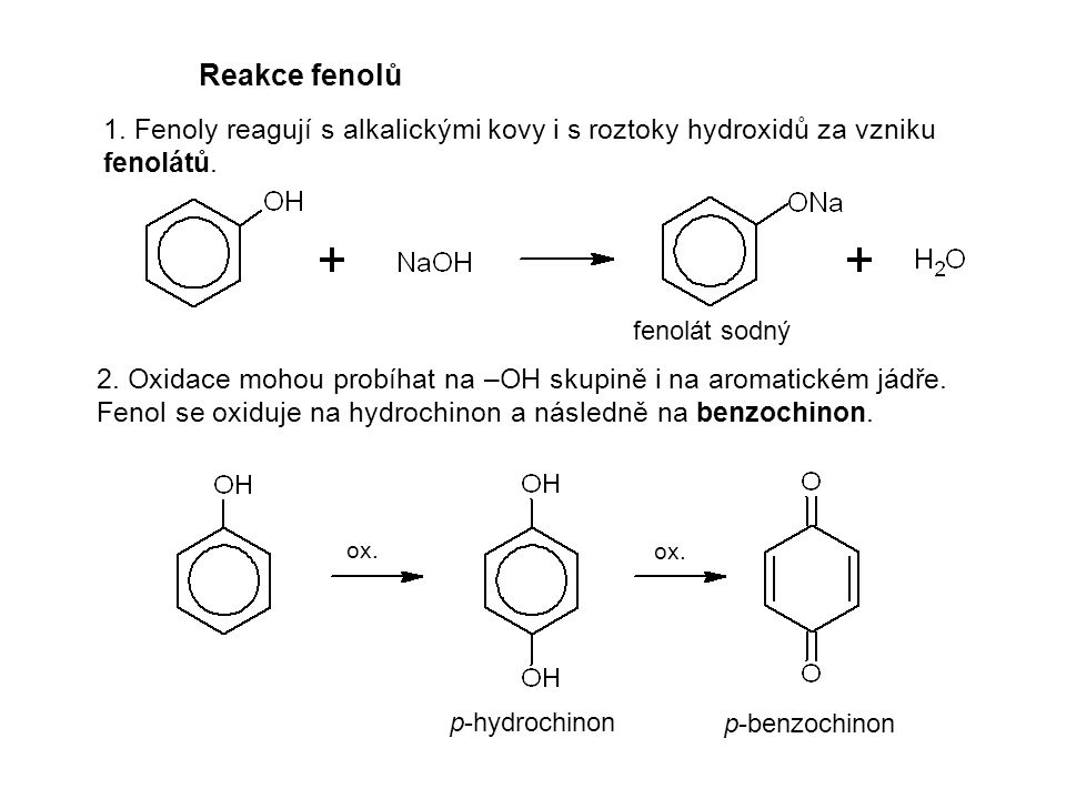 Reakce fenolů 1. Fenoly reagují s alkalickými kovy i s roztoky hydroxidů za vzniku fenolátů. fenolát sodný.