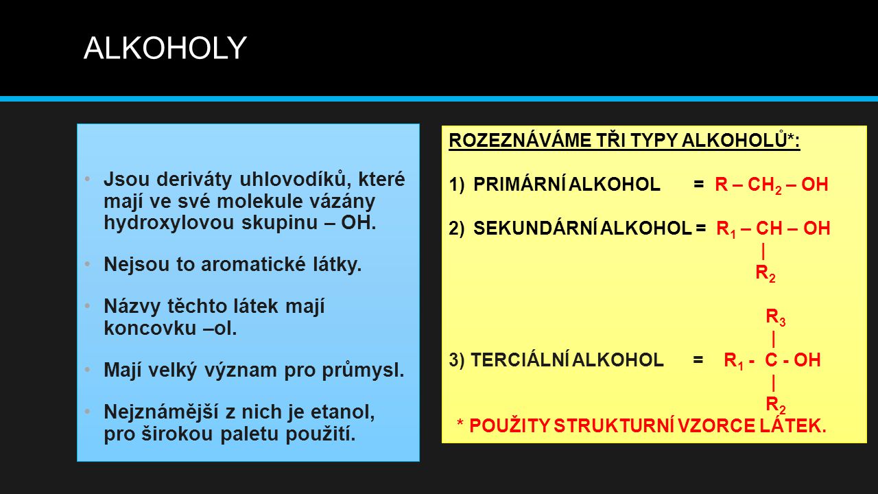 ALKOHOLY Jsou deriváty uhlovodíků, které mají ve své molekule vázány hydroxylovou skupinu – OH. Nejsou to aromatické látky.