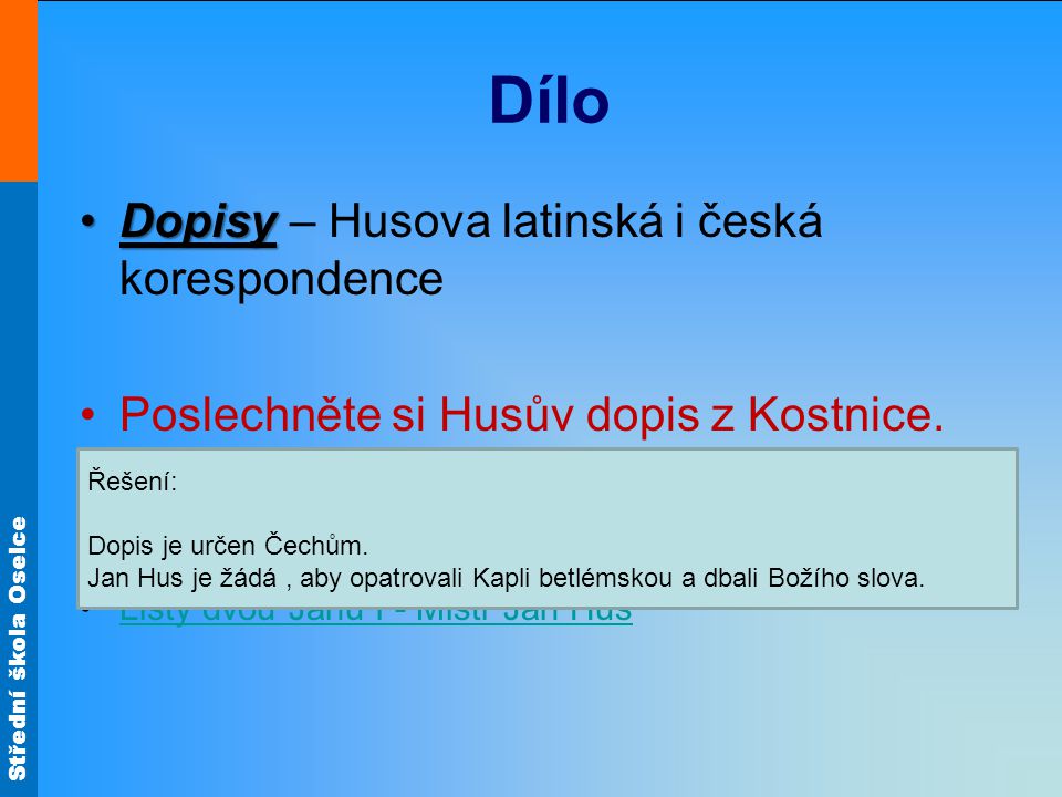 Dílo Dopisy – Husova latinská i česká korespondence