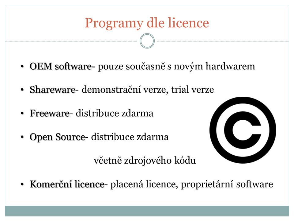 Programy dle licence OEM software- pouze současně s novým hardwarem