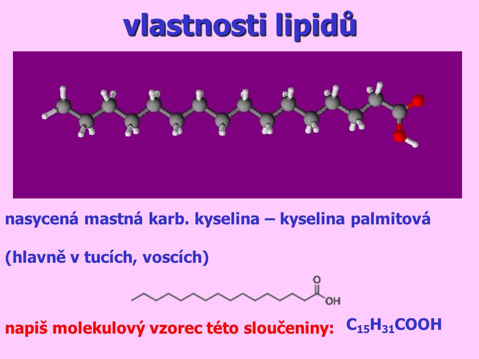 vlastnosti lipidů nasycená mastná karb. kyselina – kyselina palmitová