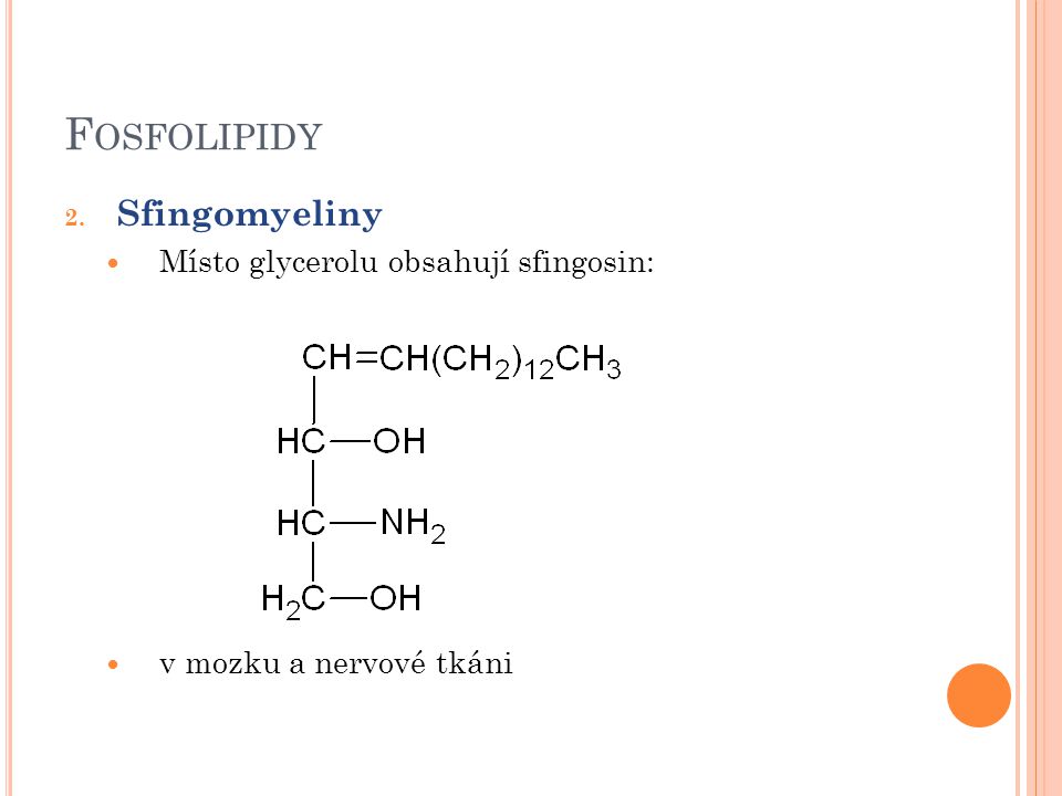 Fosfolipidy Sfingomyeliny Místo glycerolu obsahují sfingosin: