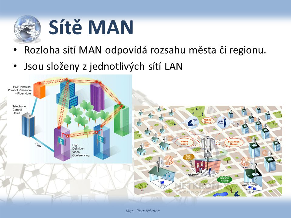 Sítě MAN Rozloha sítí MAN odpovídá rozsahu města či regionu.