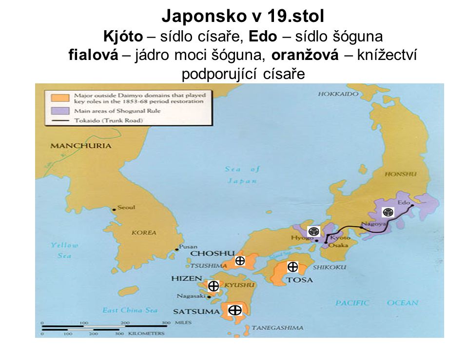 Japonsko v 19.stol Kjóto – sídlo císaře, Edo – sídlo šóguna fialová – jádro moci šóguna, oranžová – knížectví podporující císaře