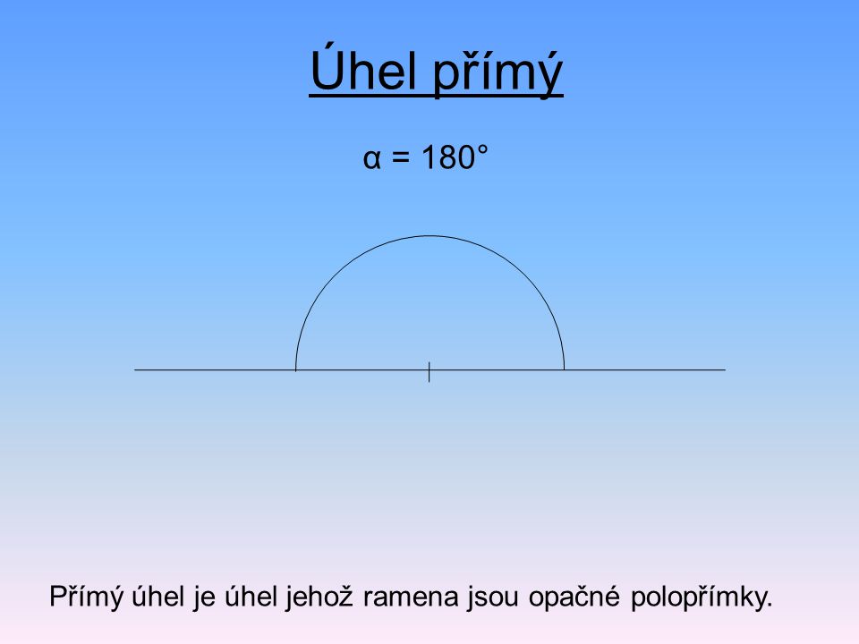 Úhel přímý α = 180° Přímý úhel je úhel jehož ramena jsou opačné polopřímky.