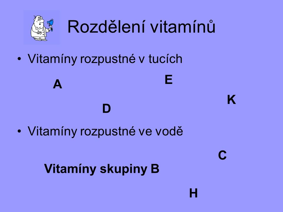 Rozdělení vitamínů Vitamíny rozpustné v tucích E A