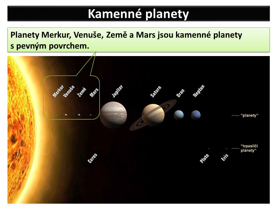 Kamenné planety Planety Merkur, Venuše, Země a Mars jsou kamenné planety s pevným povrchem.