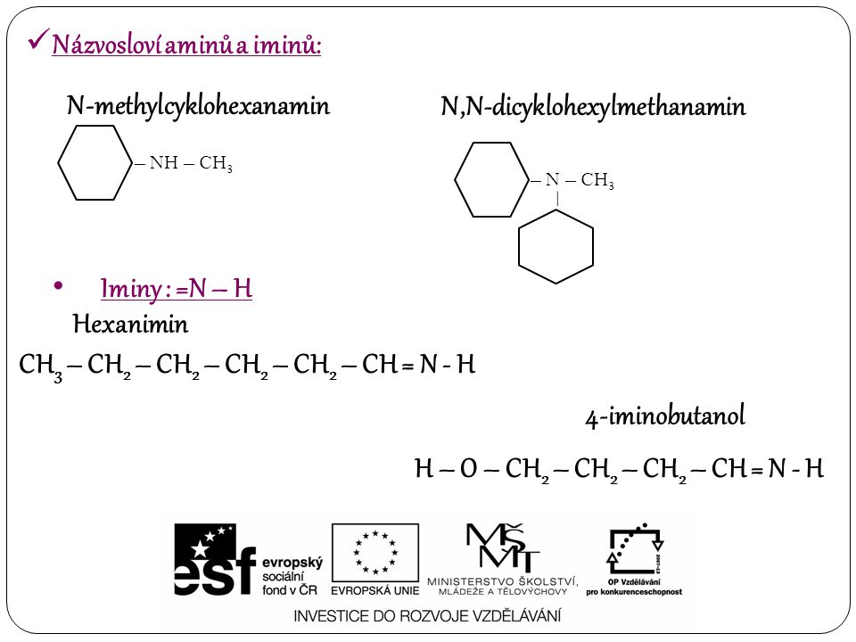 Názvosloví aminů a iminů: