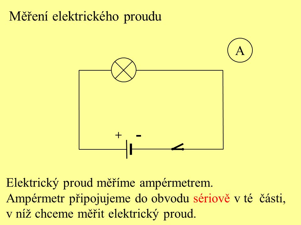 - Měření elektrického proudu A Elektrický proud měříme ampérmetrem.