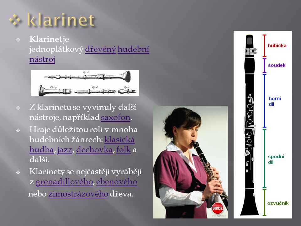 klarinet Klarinet je jednoplátkový dřevěný hudební nástroj