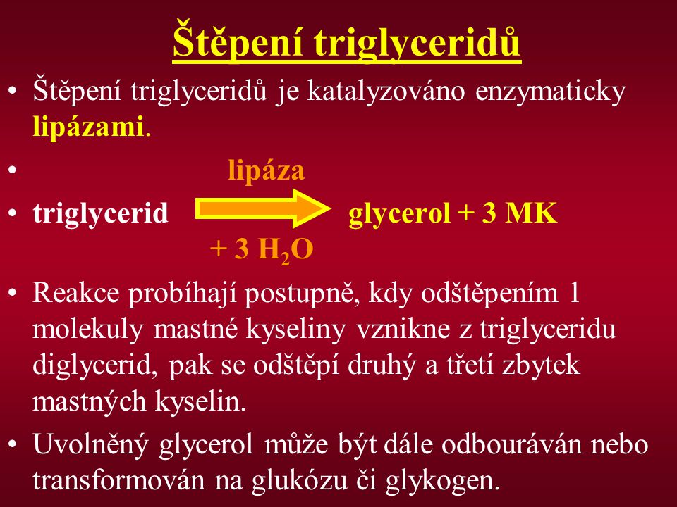 Štěpení triglyceridů Štěpení triglyceridů je katalyzováno enzymaticky lipázami. lipáza.