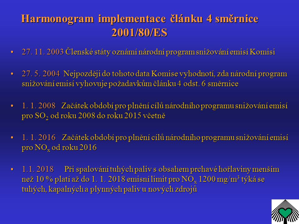 Harmonogram implementace článku 4 směrnice 2001/80/ES