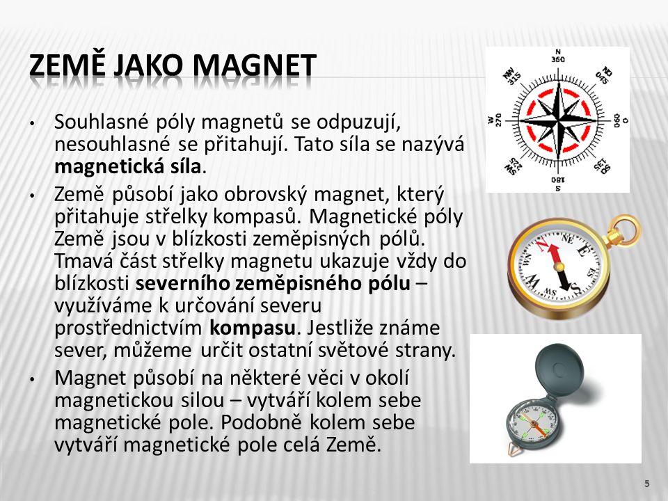 Země jako magnet Souhlasné póly magnetů se odpuzují, nesouhlasné se přitahují. Tato síla se nazývá magnetická síla.