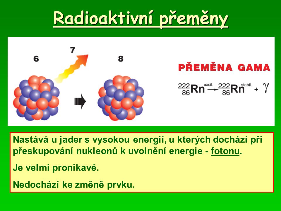 Radioaktivní přeměny Nastává u jader s vysokou energií, u kterých dochází při přeskupování nukleonů k uvolnění energie - fotonu.
