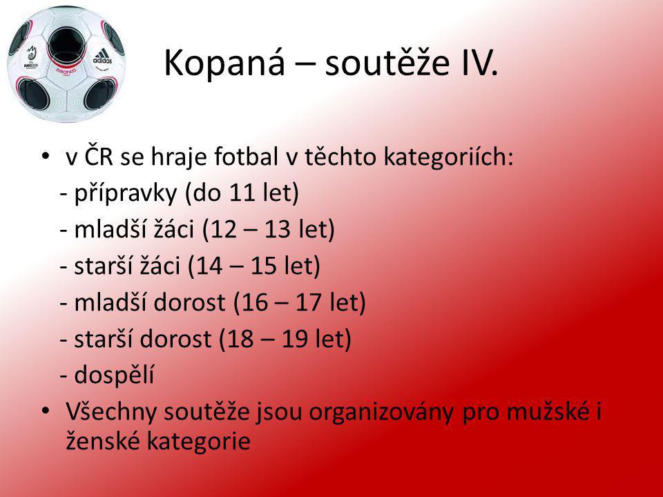 Kopaná – soutěže IV. v ČR se hraje fotbal v těchto kategoriích: