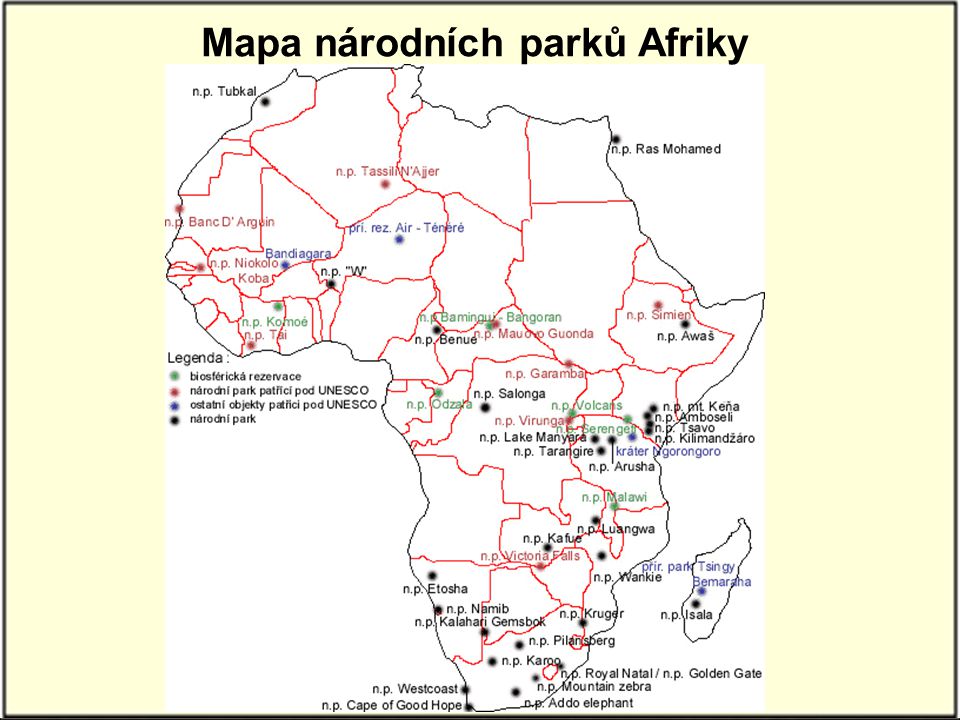 Mapa národních parků Afriky