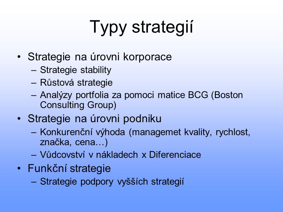 Typy strategií Strategie na úrovni korporace