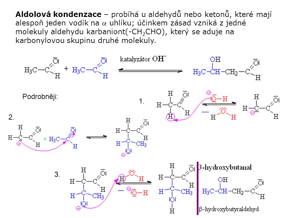 Aldolová kondenzace – probíhá u aldehydů nebo ketonů, které mají alespoň jeden vodík na  uhlíku; účinkem zásad vzniká z jedné molekuly aldehydu karbaniont(-CH2CHO), který se aduje na karbonylovou skupinu druhé molekuly.