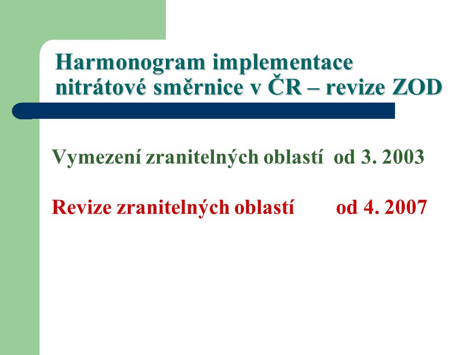 Harmonogram implementace nitrátové směrnice v ČR – revize ZOD