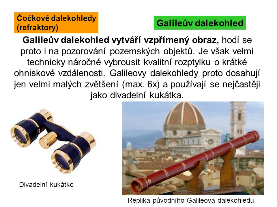 Čočkové dalekohledy (refraktory) Galileův dalekohled.