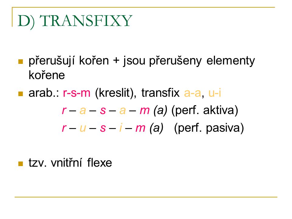 D) TRANSFIXY přerušují kořen + jsou přerušeny elementy kořene
