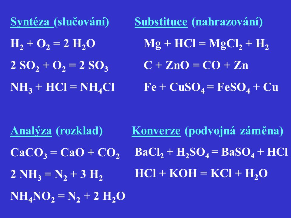 Substituce (nahrazování) Mg + HCl = MgCl2 + H2 C + ZnO = CO + Zn