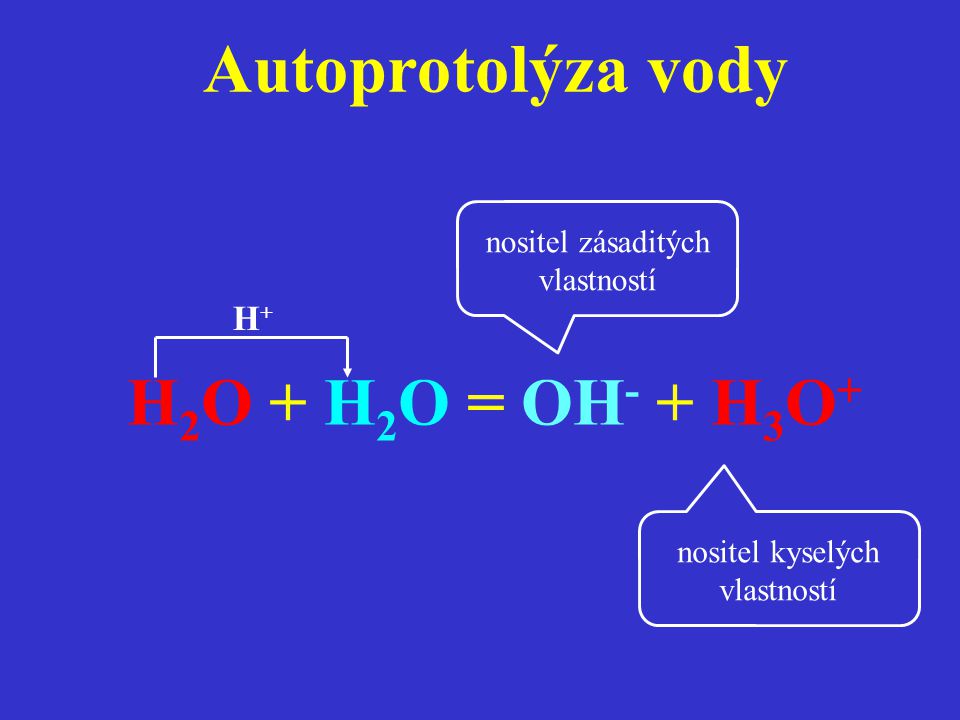 Autoprotolýza vody H2O + H2O = OH- + H3O+ H+