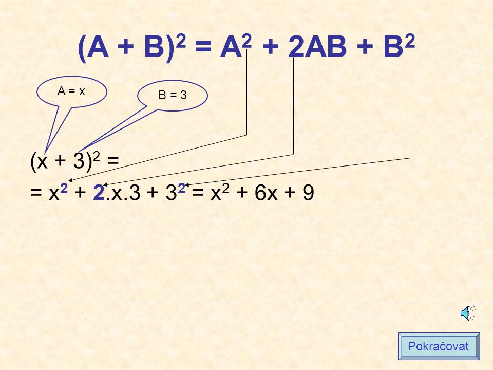 (A + B)2 = A2 + 2AB + B2 (x + 3)2 = = x2 + 2.x = x2 + 6x + 9
