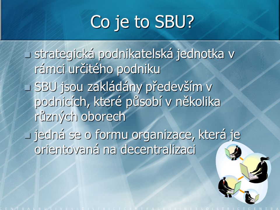 Co je to SBU strategická podnikatelská jednotka v rámci určitého podniku.