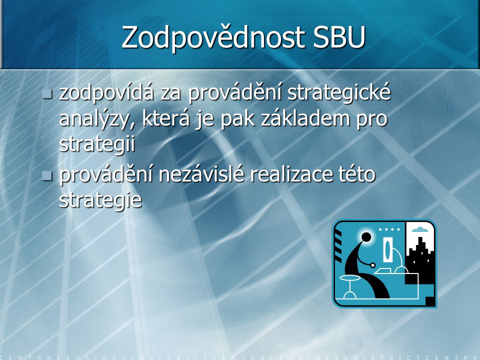 Zodpovědnost SBU zodpovídá za provádění strategické analýzy, která je pak základem pro strategii.