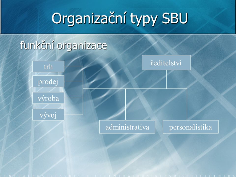 Organizační typy SBU funkční organizace ředitelství trh prodej výroba