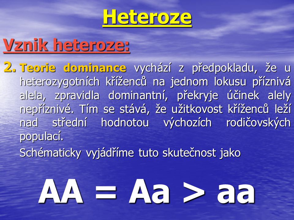 AA = Aa > aa Heteroze Vznik heteroze: