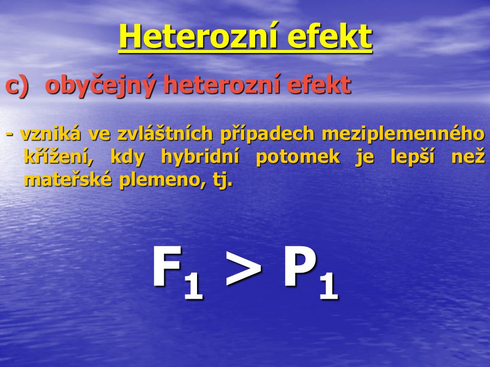 F1 > P1 Heterozní efekt c) obyčejný heterozní efekt