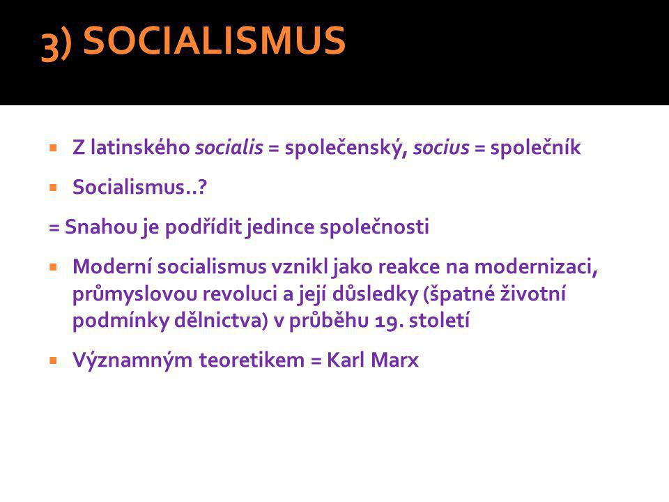 3) SOCIALISMUS Z latinského socialis = společenský, socius = společník