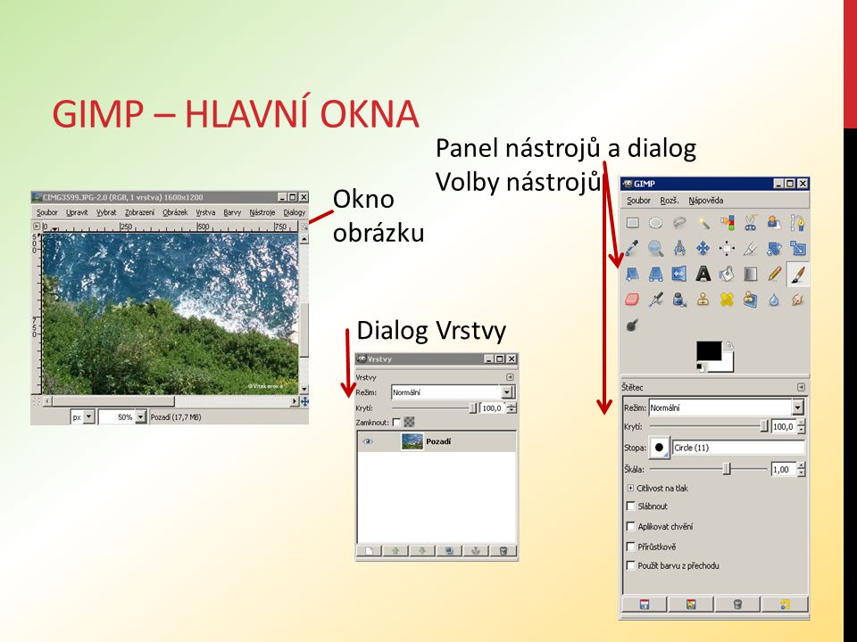 Gimp – hlavní okna Panel nástrojů a dialog Volby nástrojů Okno obrázku