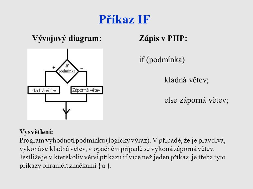 Příkaz IF Vývojový diagram: Zápis v PHP: if (podmínka) kladná větev;