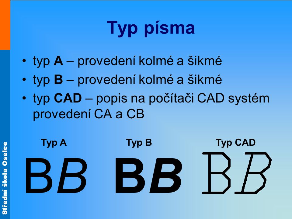 BB BB Typ písma typ A – provedení kolmé a šikmé