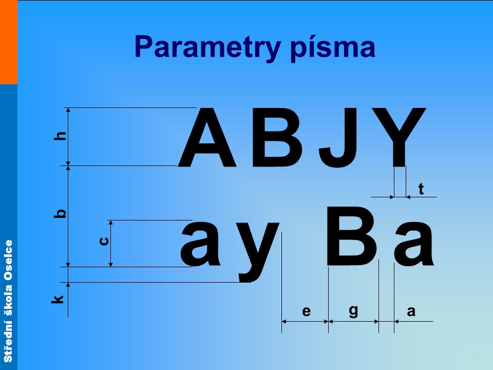 Parametry písma A a B J Y y a h b c k e t g