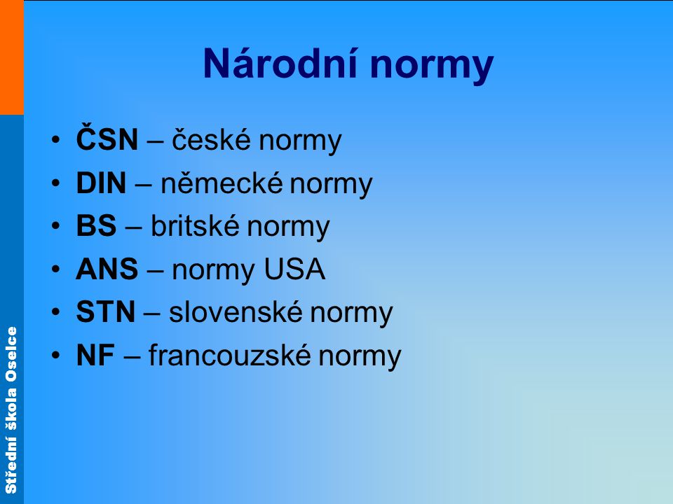 Národní normy ČSN – české normy DIN – německé normy BS – britské normy