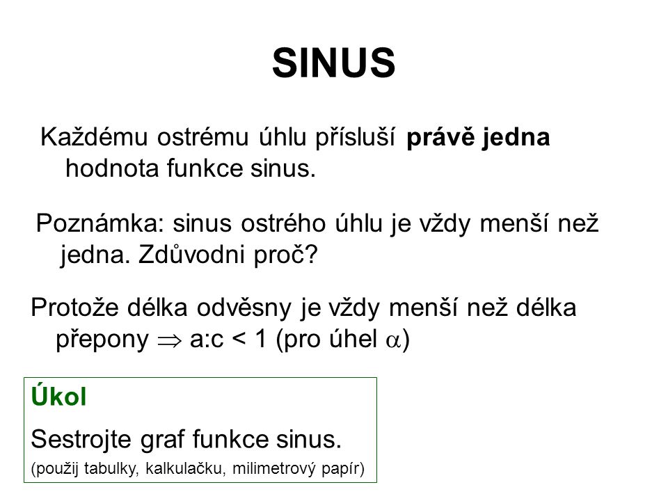 SINUS Každému ostrému úhlu přísluší právě jedna hodnota funkce sinus.