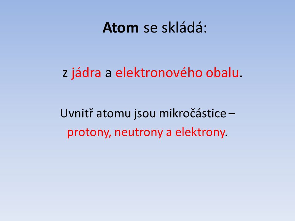 Uvnitř atomu jsou mikročástice – protony, neutrony a elektrony.