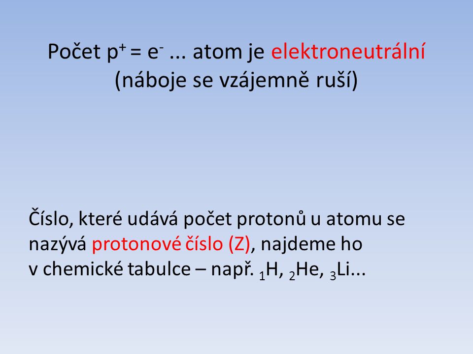 Počet p+ = e- ... atom je elektroneutrální (náboje se vzájemně ruší)
