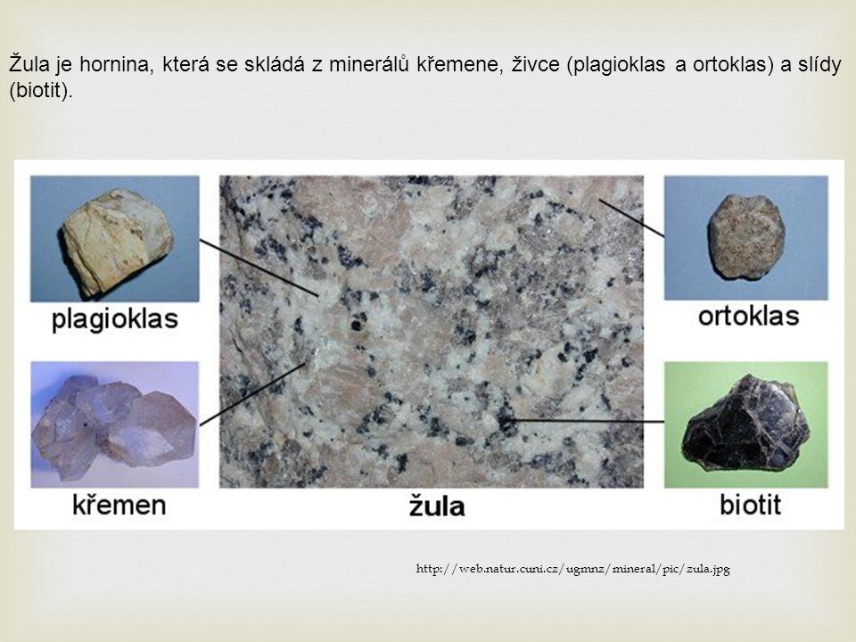 Žula je hornina, která se skládá z minerálů křemene, živce (plagioklas a ortoklas) a slídy (biotit).