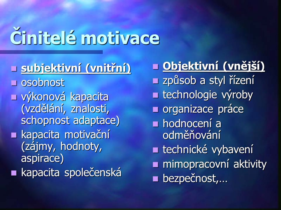 Činitelé motivace Objektivní (vnější) subjektivní (vnitřní)