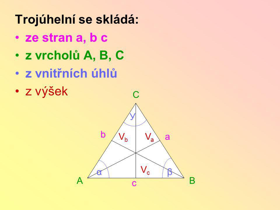 Trojúhelní se skládá: ze stran a, b c z vrcholů A, B, C