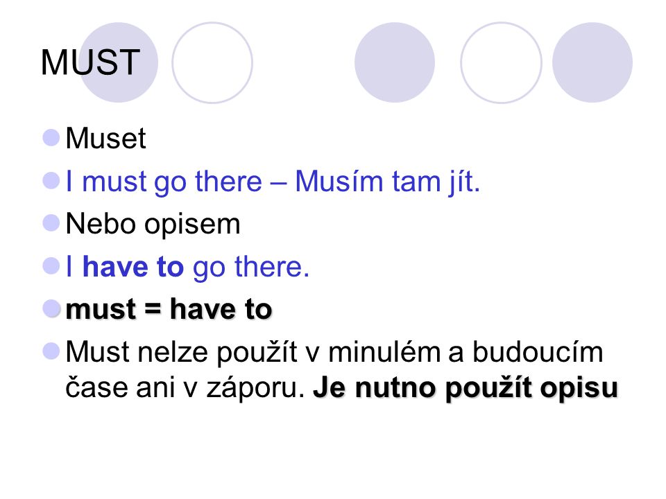 MUST Muset I must go there – Musím tam jít. Nebo opisem