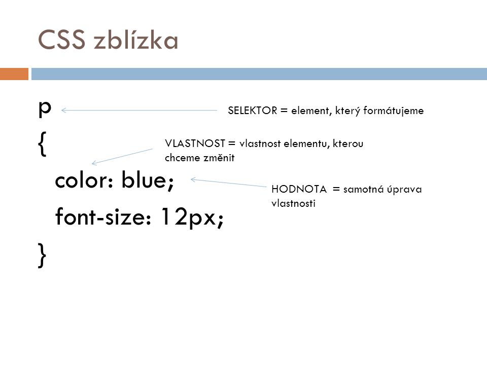 CSS zblízka p { color: blue; font-size: 12px; }